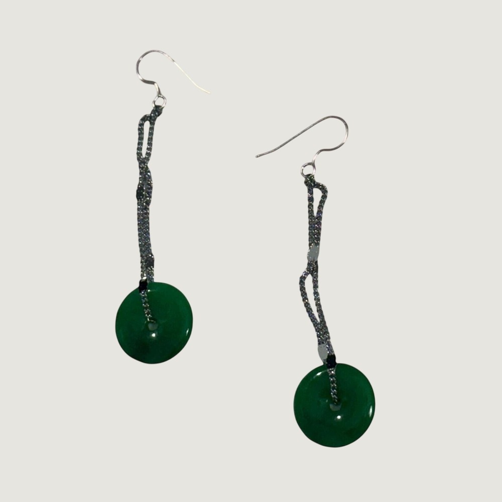 Green Peace Disk Earrings Donut Disc Drop Silver Chain Jade Style Statement